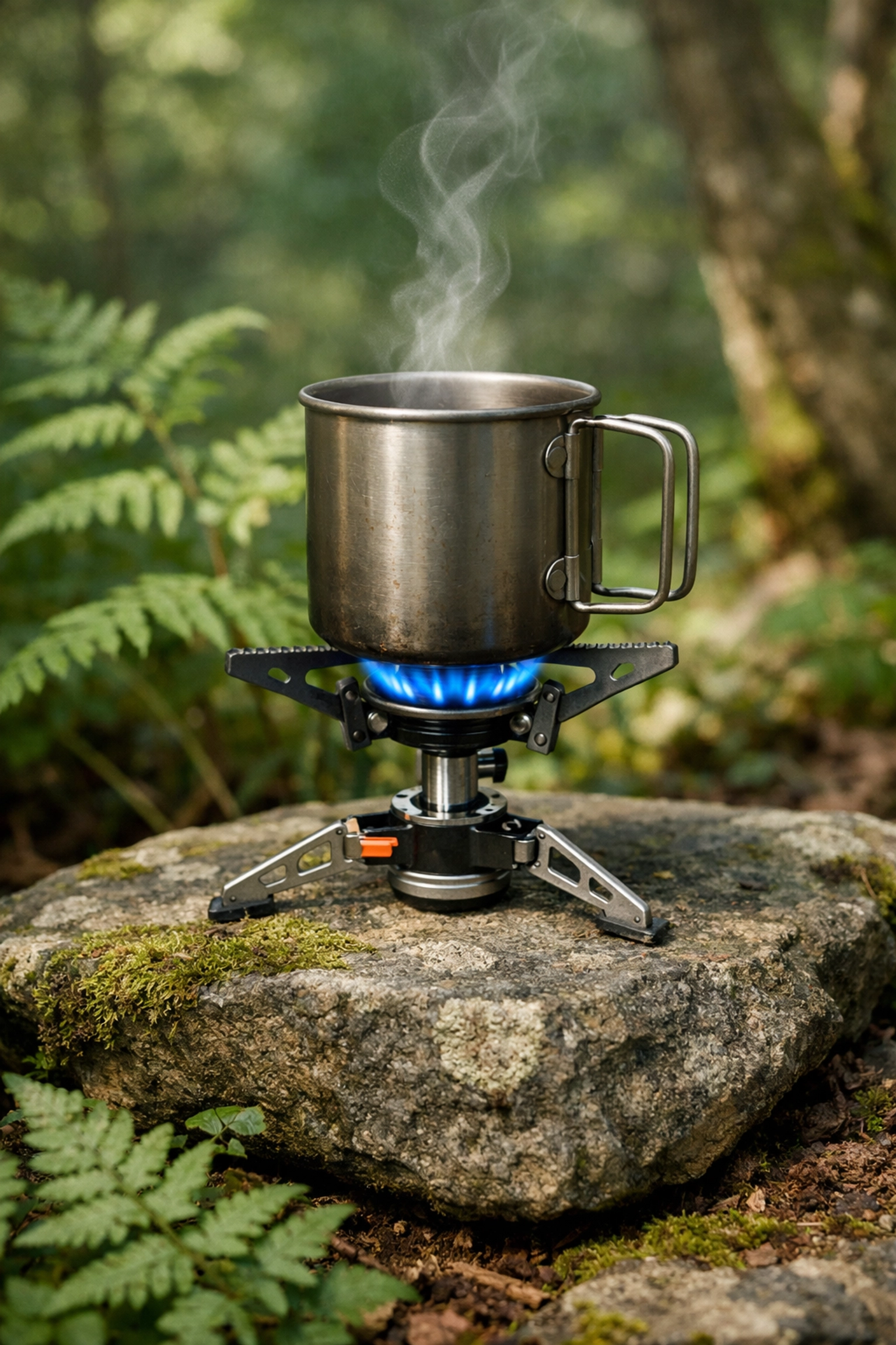 Using a low-impact camping stove on a rock to leave no trace during a wild camping trip.