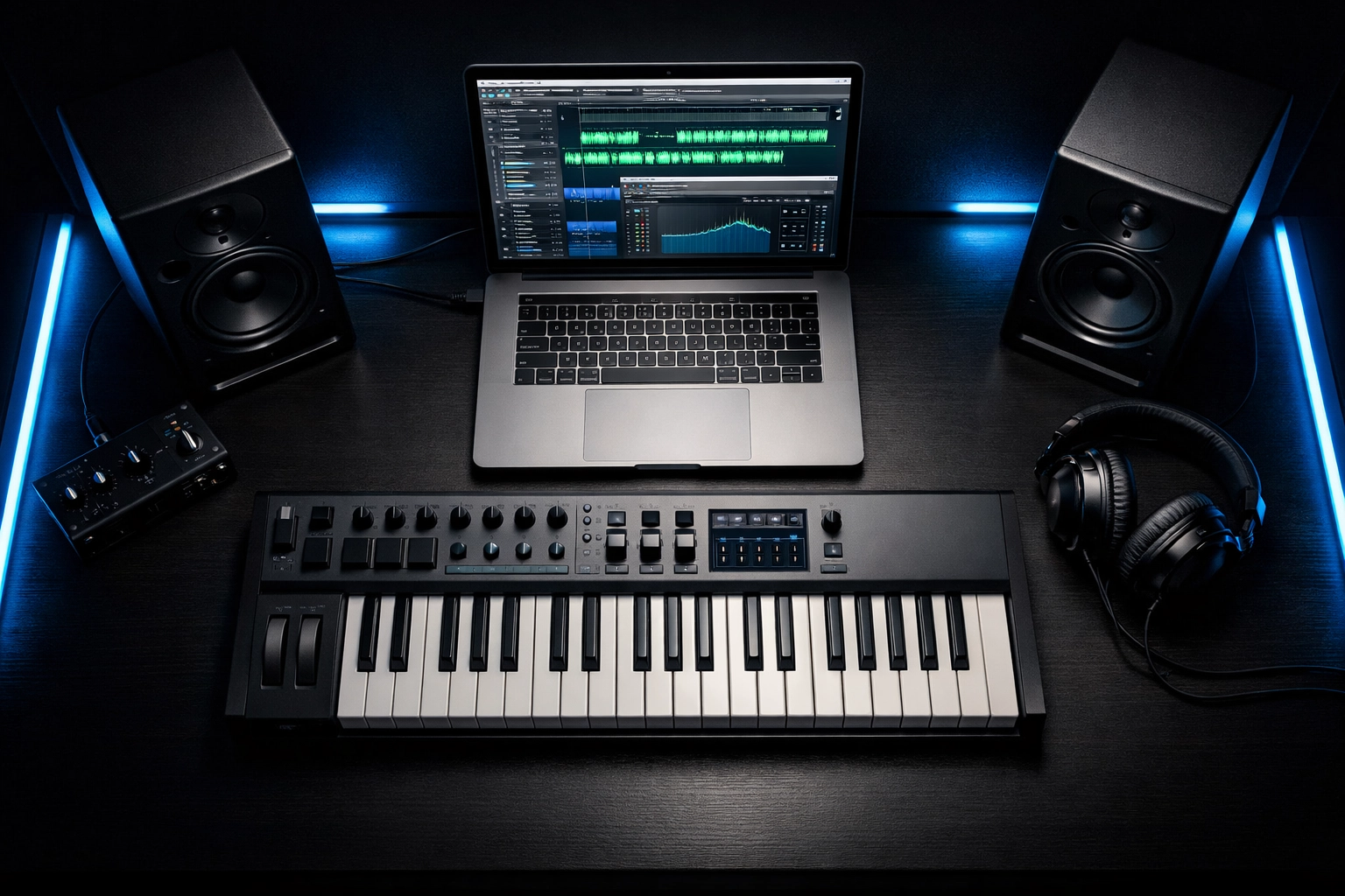Modern home studio setup with DAW for AI-assisted music production
