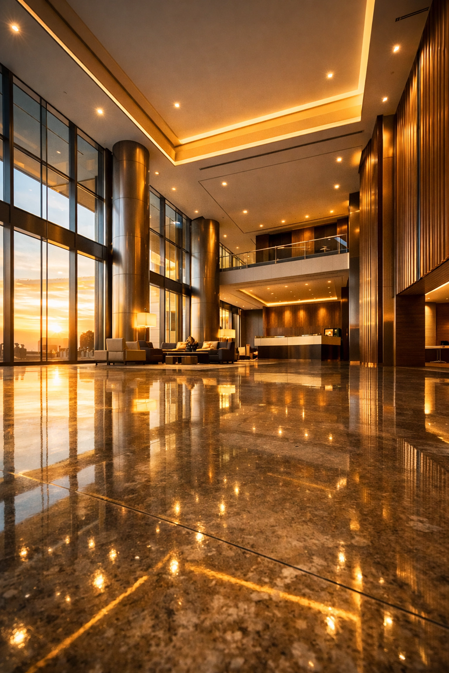 Grand modern commercial building lobby with polished floors and gleaming metal architectural accents.