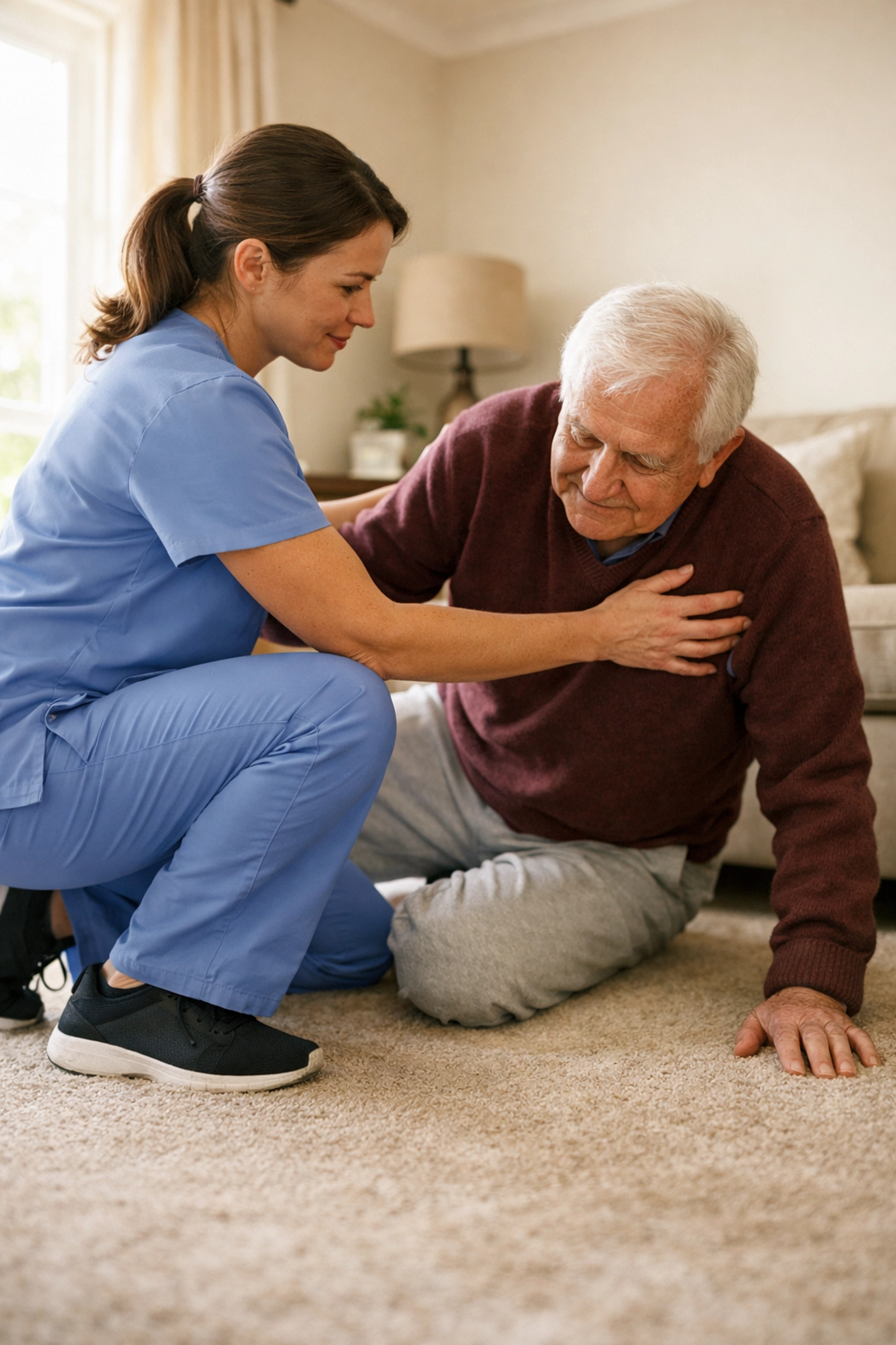 Caregiver demonstrating proper body mechanics while helping senior sit up from floor