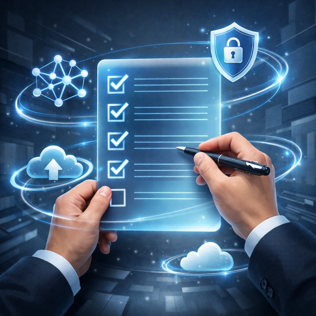 Business owner documenting IT requirements checklist for managed services provider evaluation