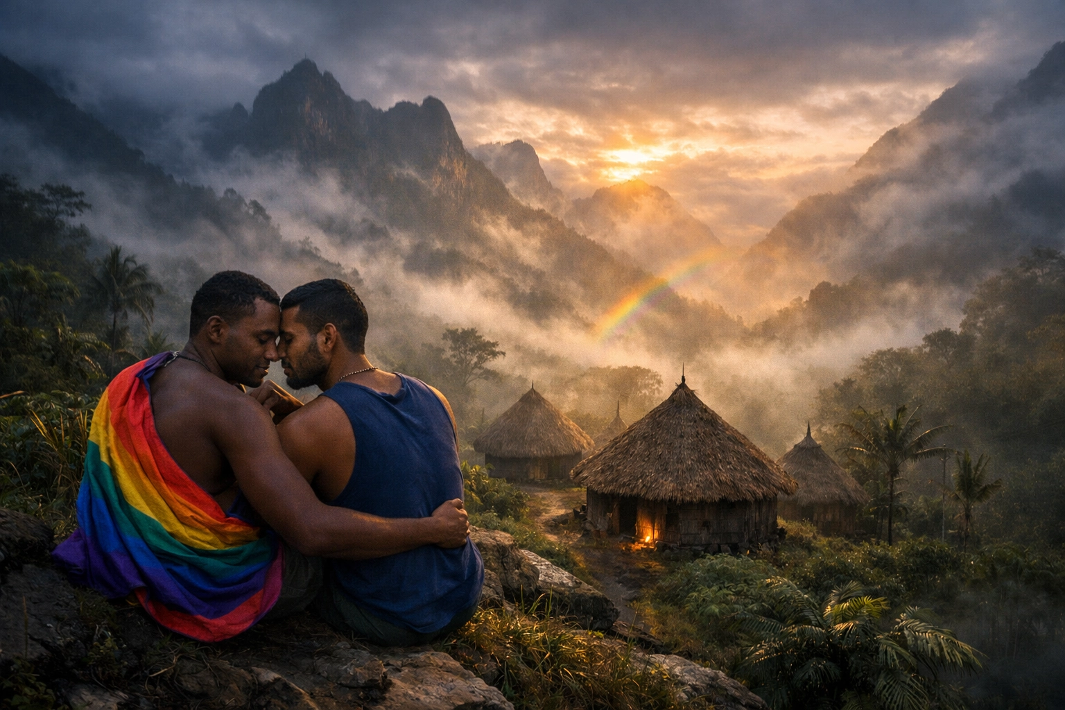 Traditional Etoro village in Papua New Guinea highlands where indigenous same-sex rituals were practiced