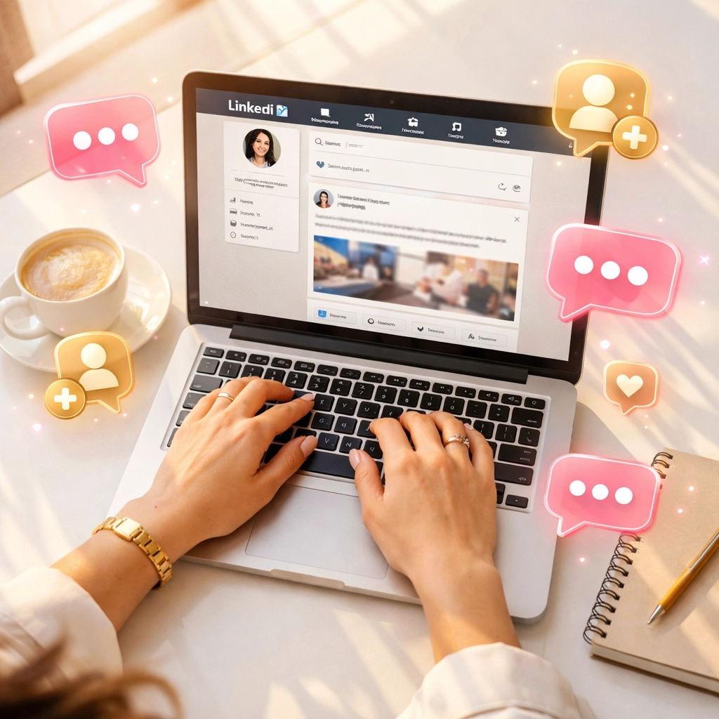 Professional engaging with LinkedIn comments on laptop to generate leads