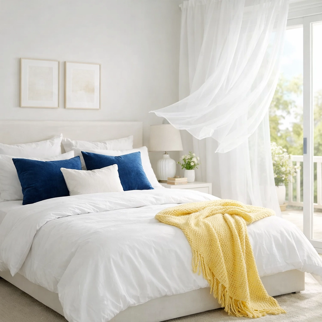 A serene, clean master bedroom illustrating the improved air quality from weekly house cleaning.