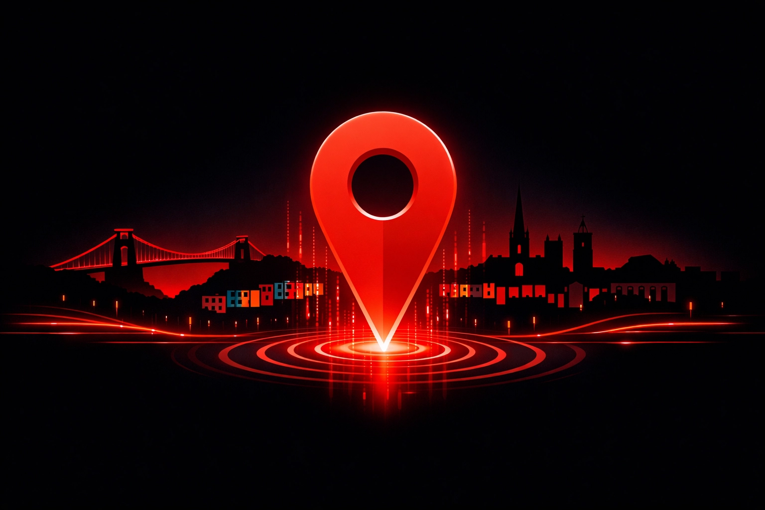 Bristol skyline with a location pin representing local search optimization and AEO for businesses.