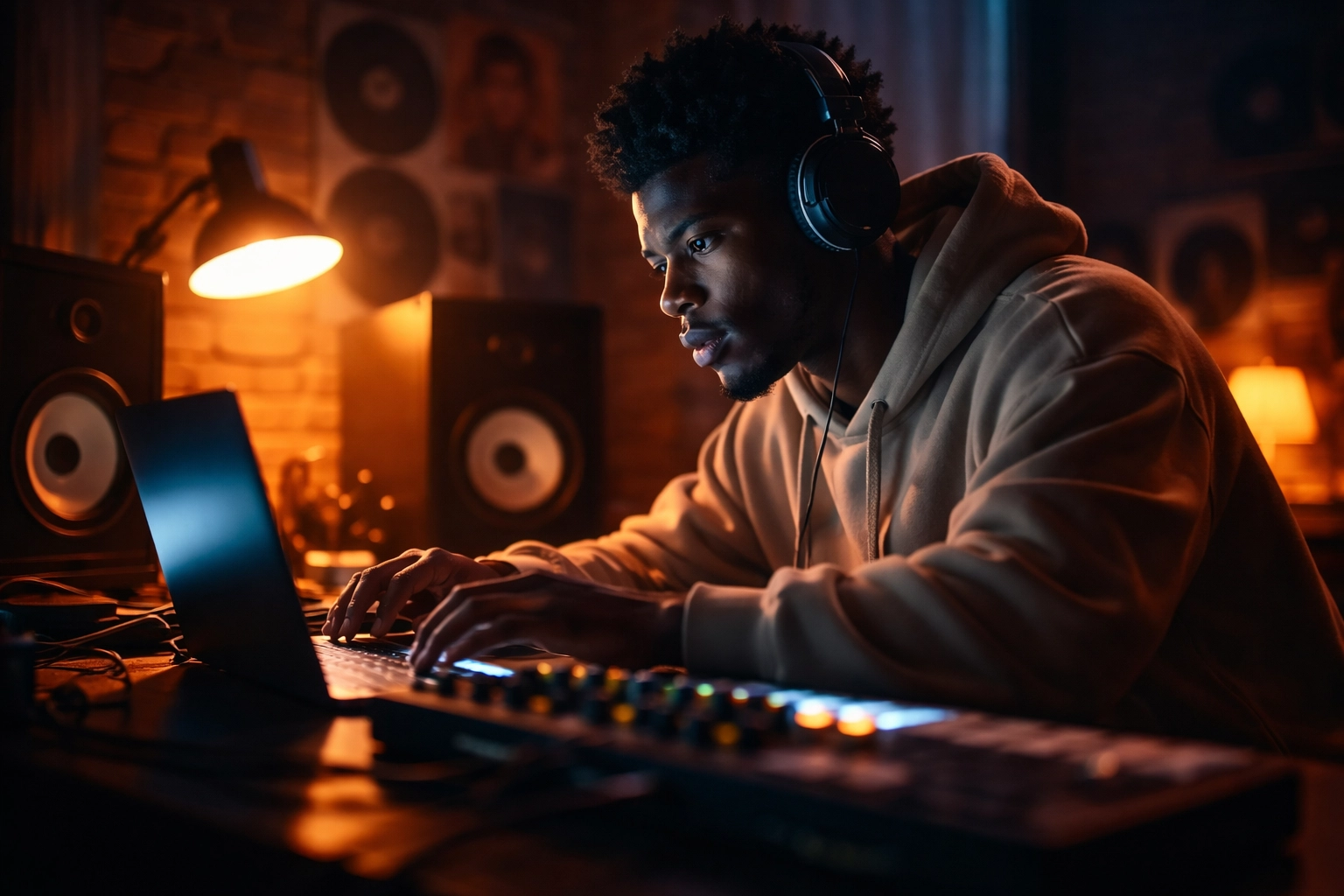 Young independent Black music producer creating new music at home studio, symbolizing DIY artist movement in 2026.
