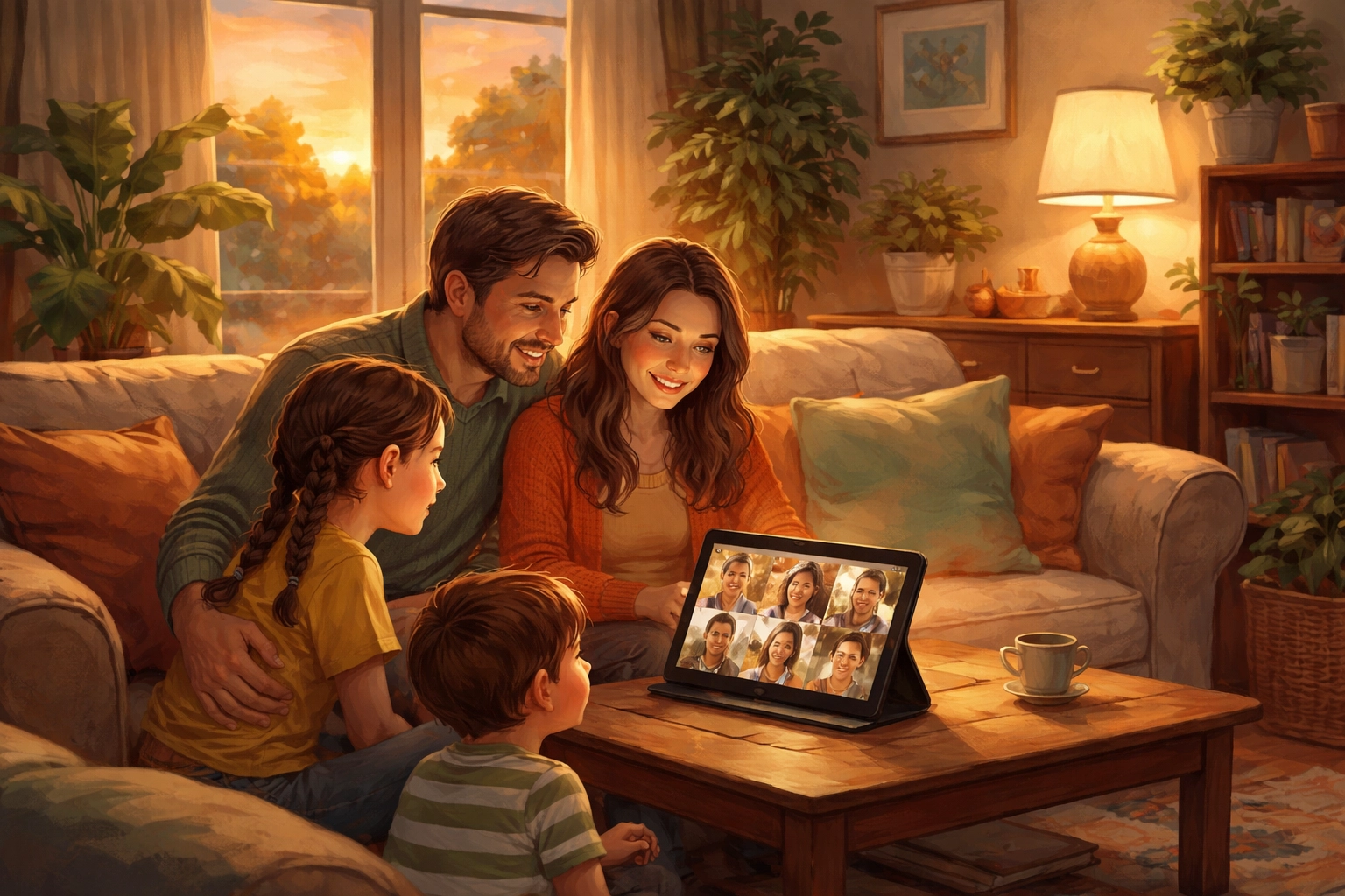 Family gathered in a cozy living room, sharing online worship and video fellowship on a tablet at sunset.