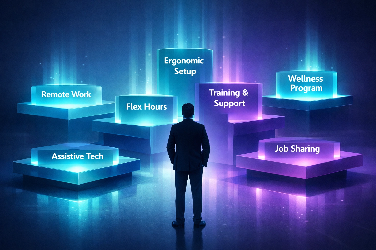 A professional silhouette viewing different platforms representing various workplace accommodation solutions.