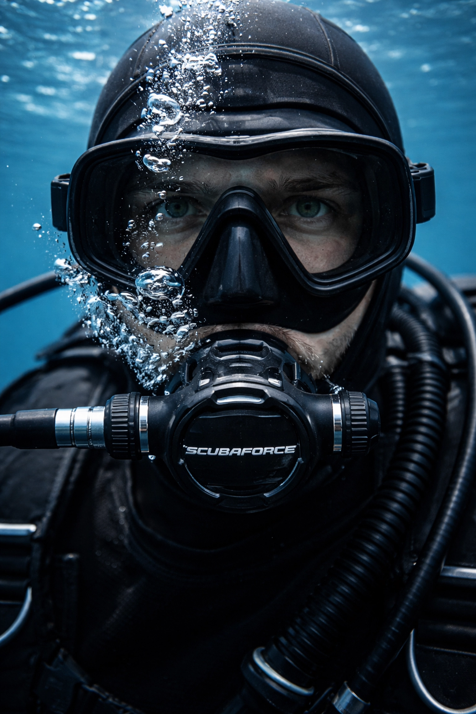 Taucher mit Scubaforce Atemregler unter Wasser, zeigt Sicherheit durch professionelle Wartung