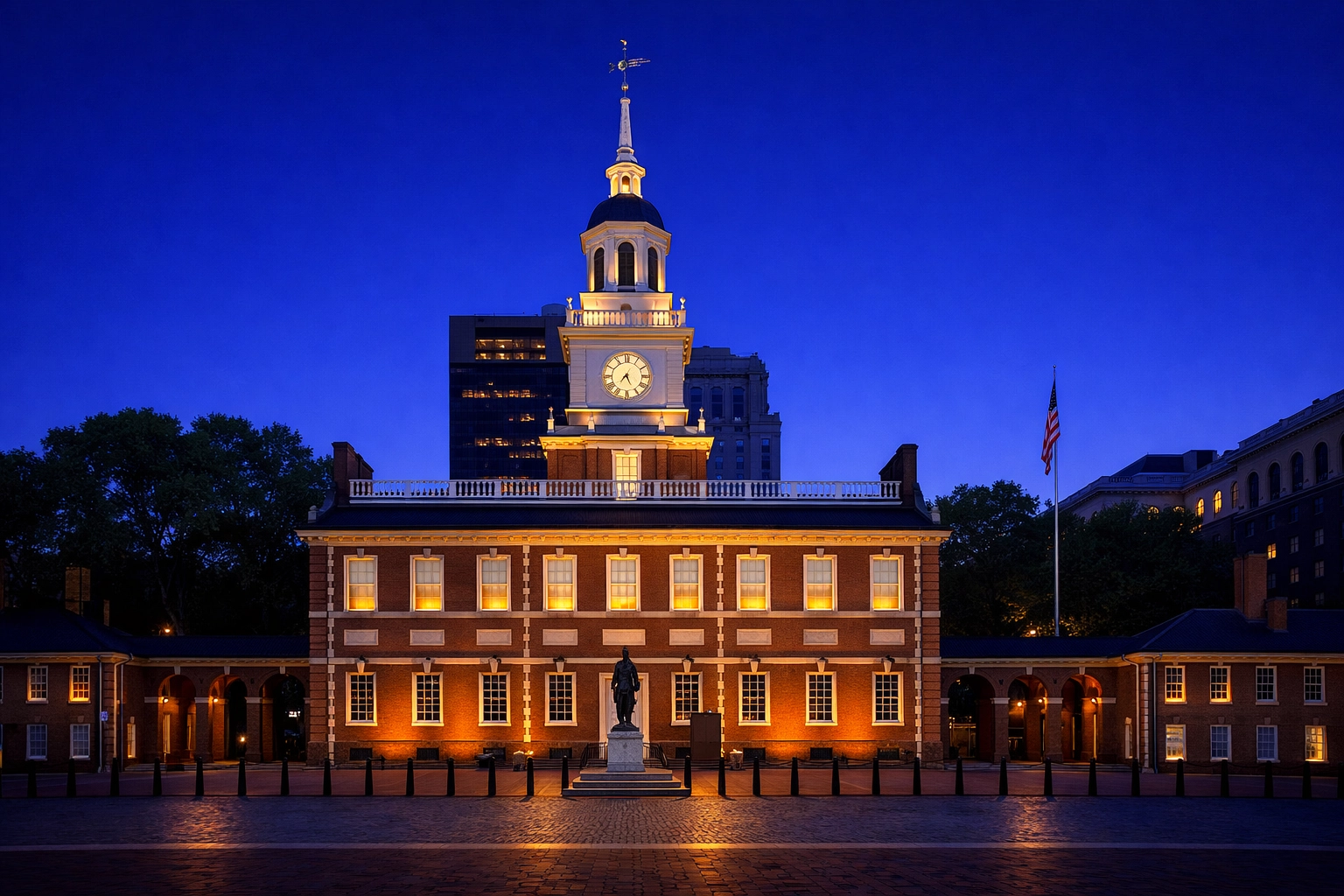 Independence Hall in Philadelphia at sunrise, representing 250 years of American liberty and ideals.
