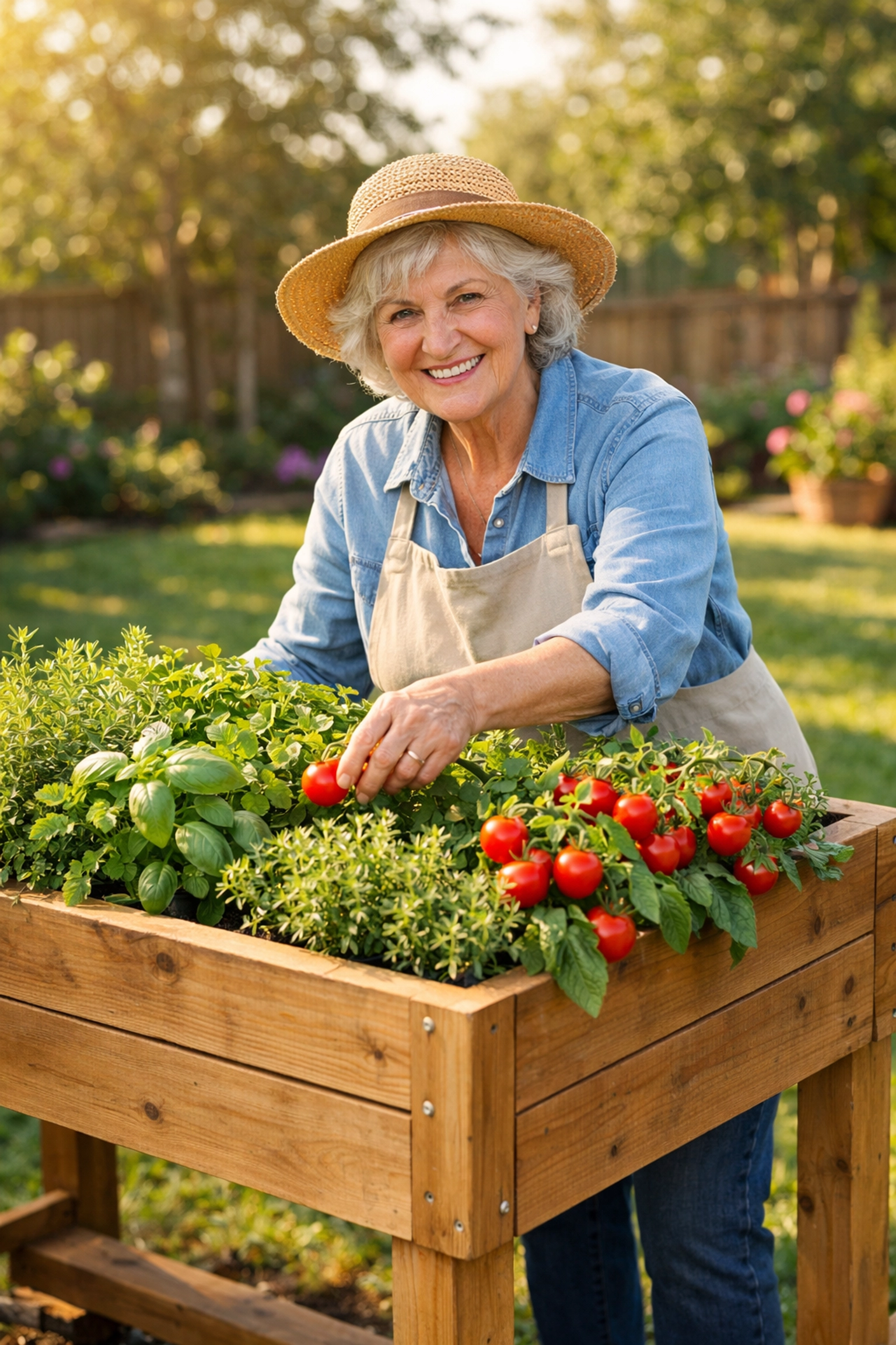 Senior woman using a raised garden bed at waist height to prevent bending and falls.