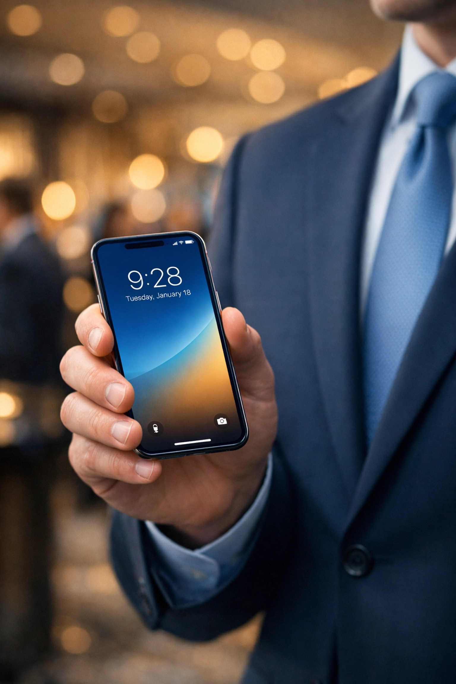 Boost Your Brand ROI Instantly with These 5 Super Bowl Networking Tips A corporate executive uses a smartphone to manage digital networking connections at an upscale event.