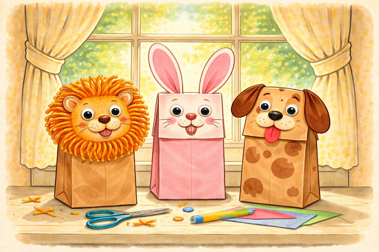 Three finished paper bag puppets: a lion, bunny, and dog: displayed on a sunny windowsill, ideal for kids' puppet crafts.