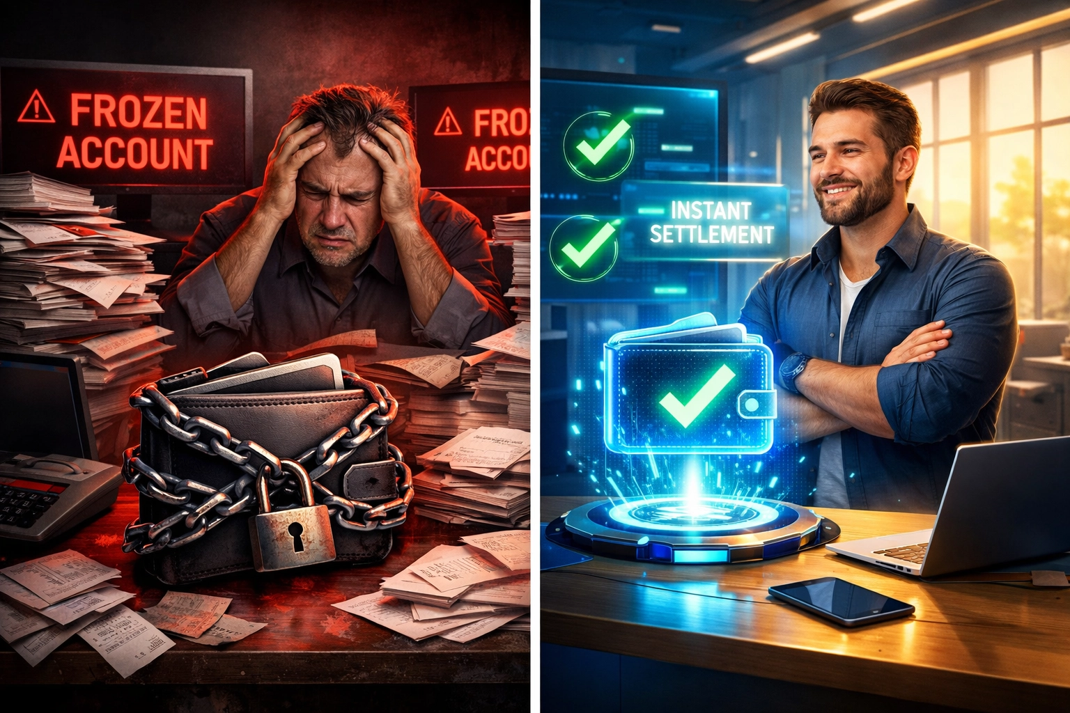 Legacy crypto processor frozen account vs self-custody wallet merchant freedom comparison