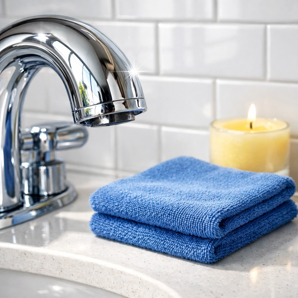 Sparkling clean luxury bathroom faucet and subway tiles achieved through professional deep cleaning MA services.