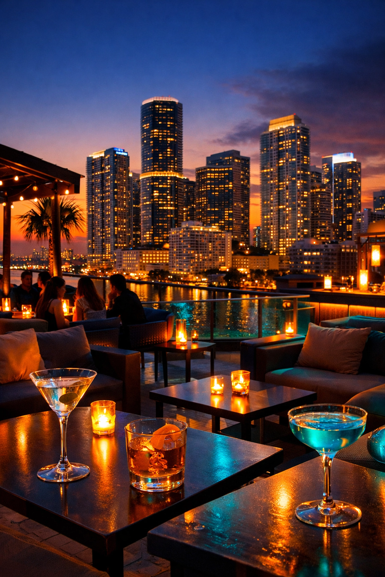 Brickell rooftop lounge at sunset with Miami skyline views and cocktails