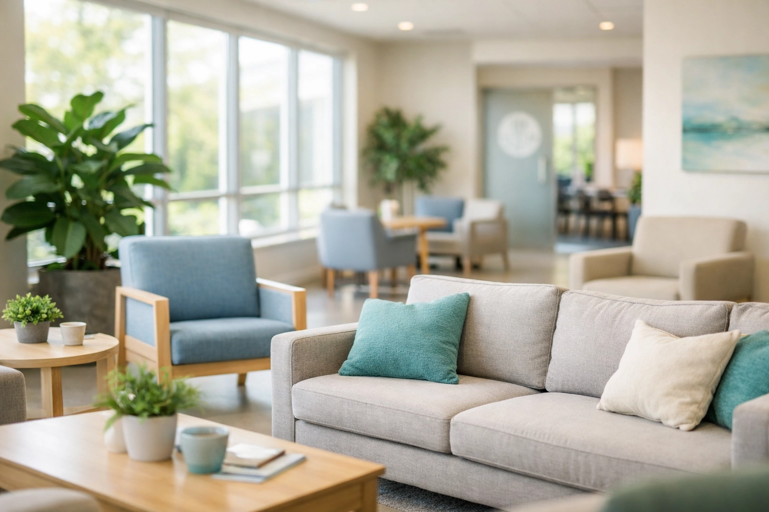 Bright welcoming common area in treatment facility shown through virtual tour