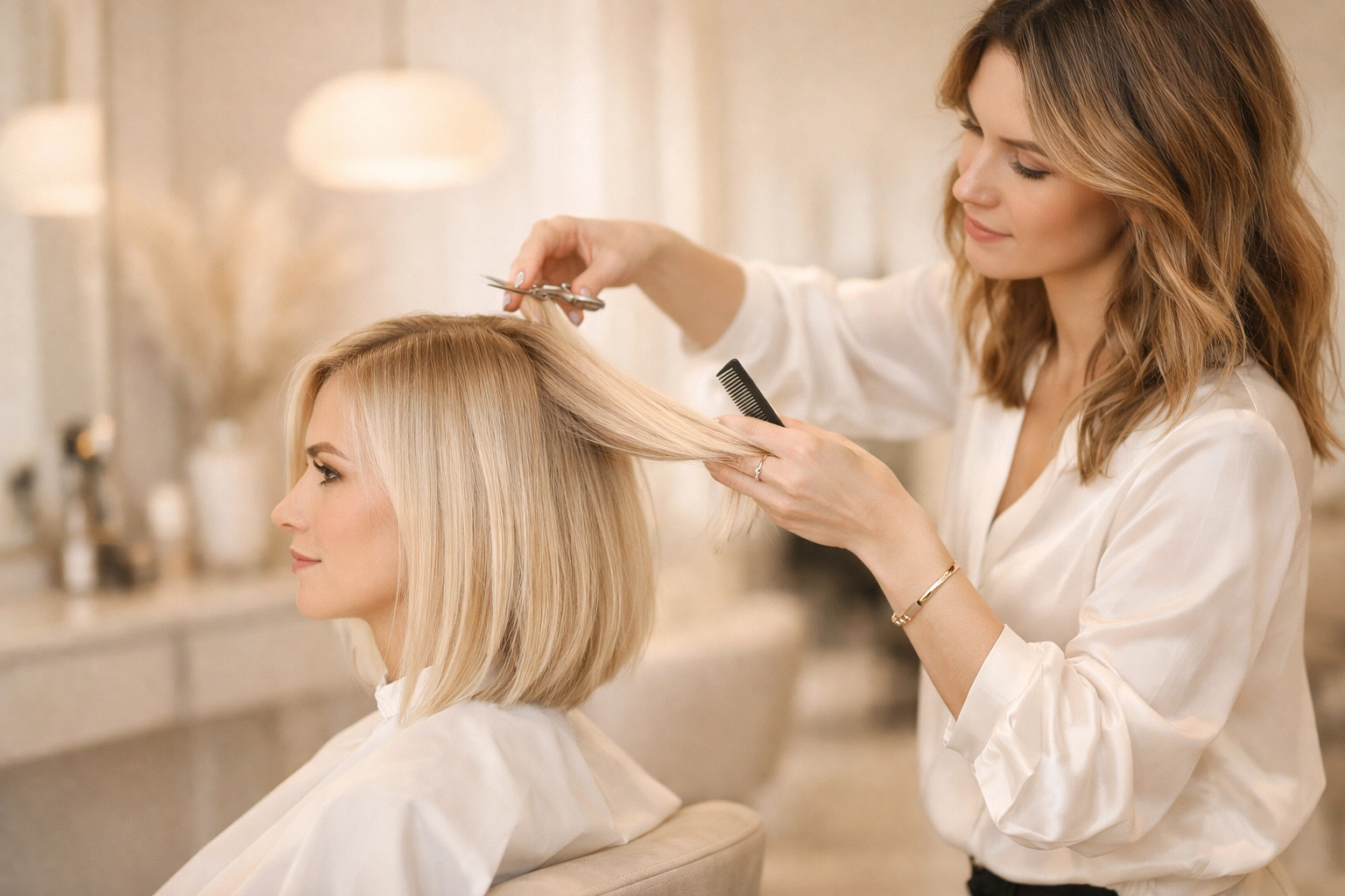 A professional stylist finishing a client’s hair in a premium salon, demonstrating the VIP experience offered through memberships.