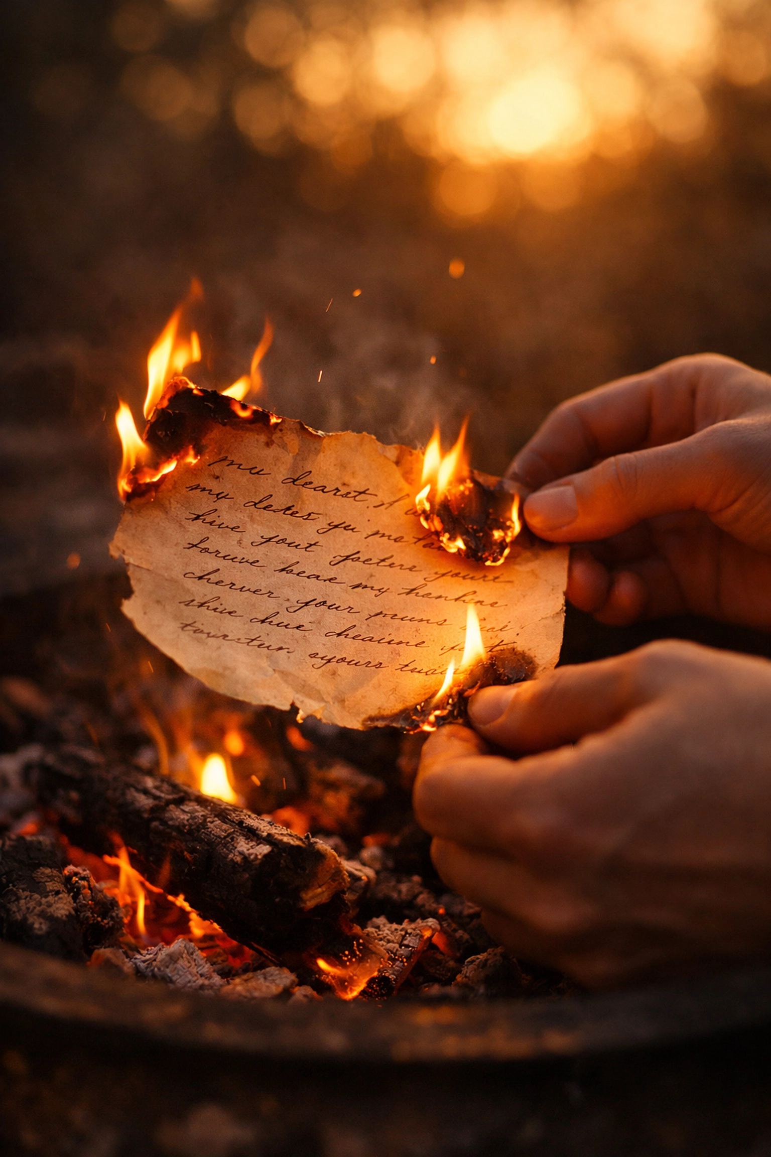 Hands releasing written intentions into fire during a release ritual Hands releasing written intentions into fire during a release ritual