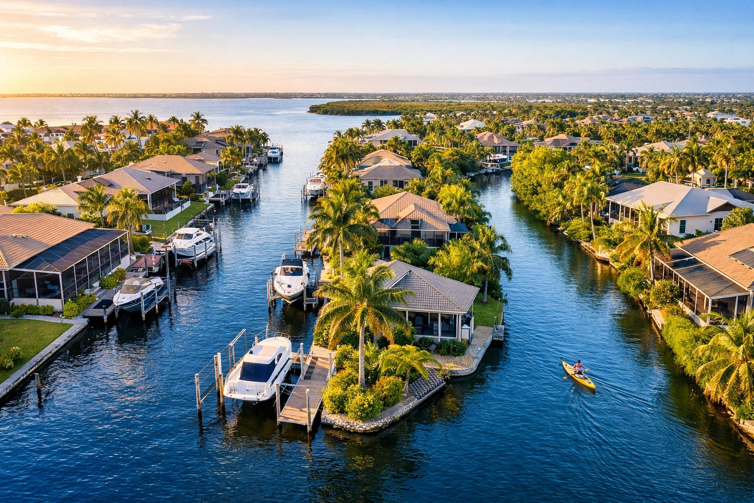 Aerial view comparing saltwater and freshwater canals in Southwest Florida waterfront neighborhoods