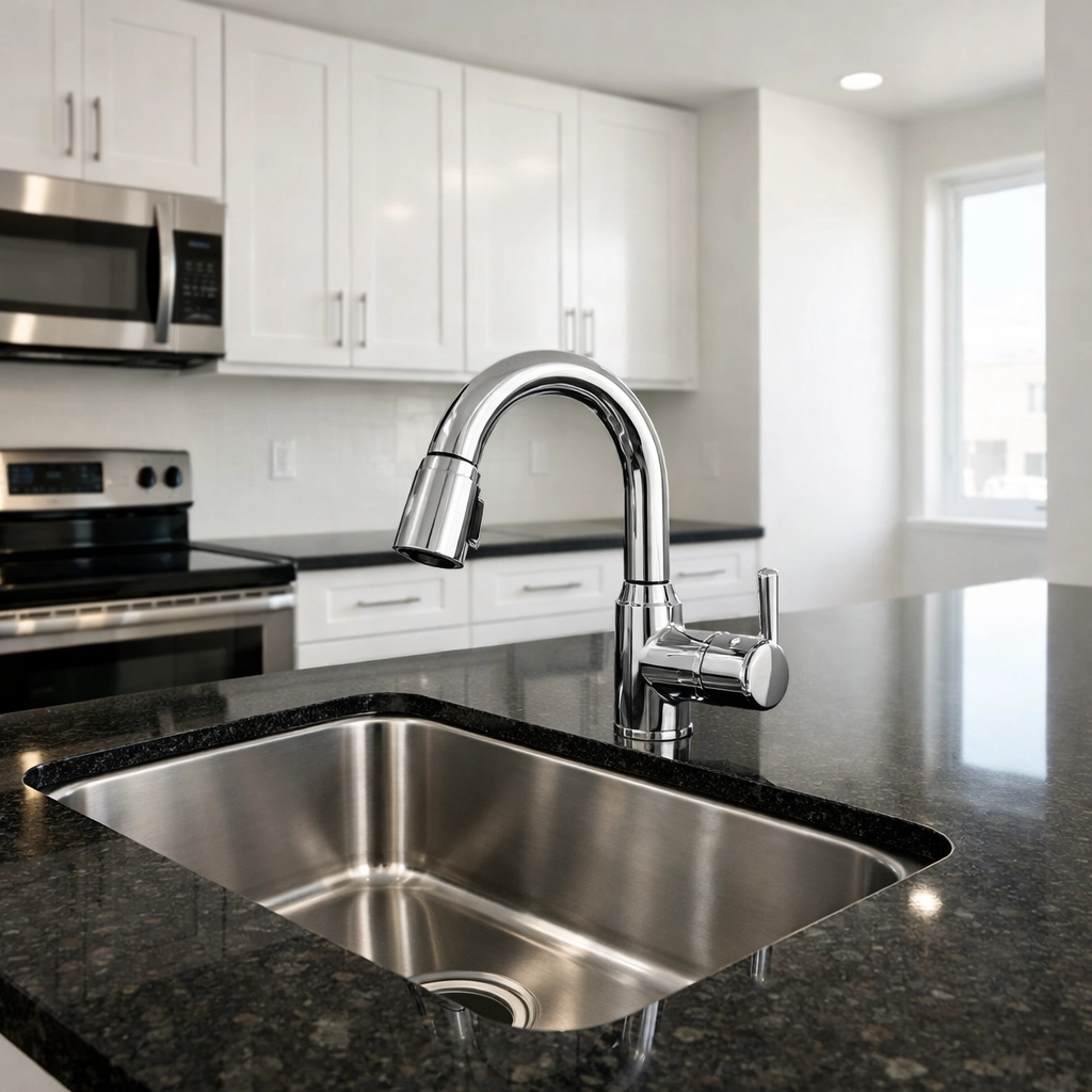 Move-in ready apartment kitchen after a professional deep clean for Midwest property managers.