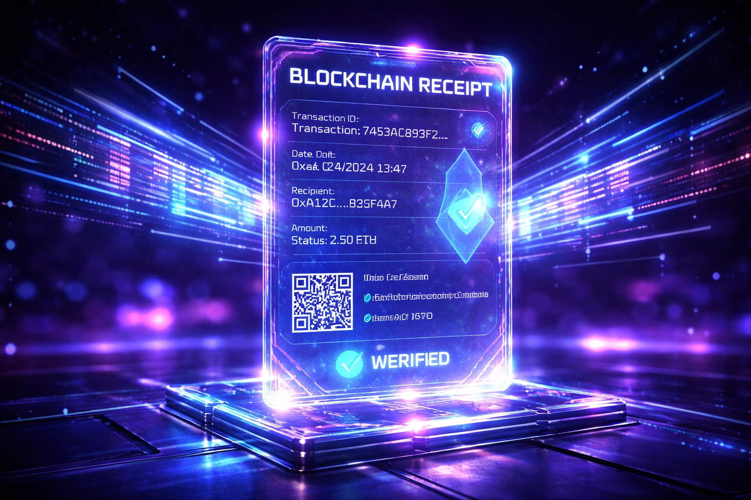 Digital NFT receipt in a virtual environment showcasing secure metaverse crypto payments for merchants