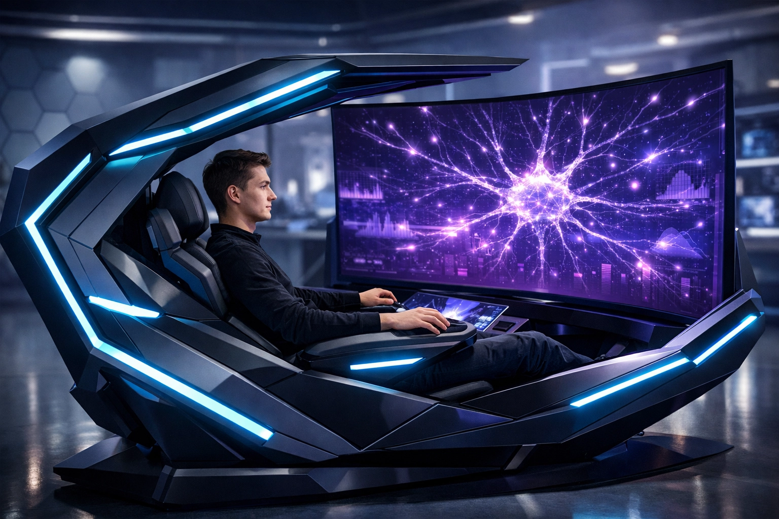 Student using a futuristic AI simulation pod for career-focused training and education.