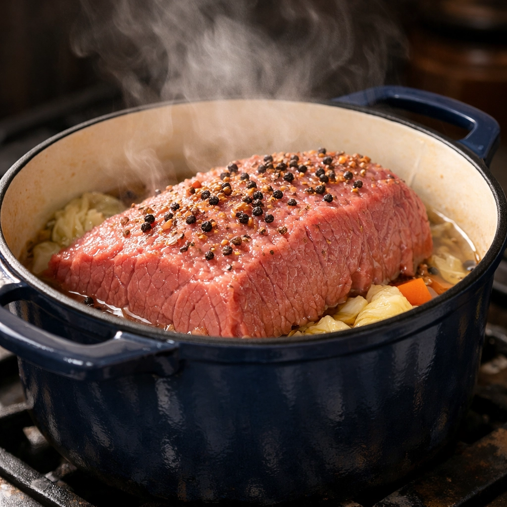 Tender, slow-simmered pink corned beef seasoned with peppercorns in a navy blue cast-iron pot.