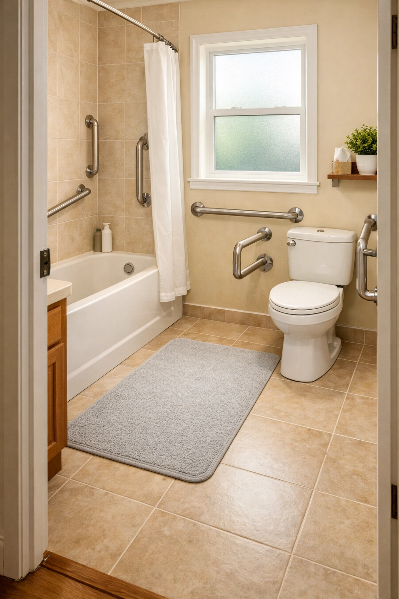 Bathroom equipped with grab bars and non-slip mat for senior fall prevention