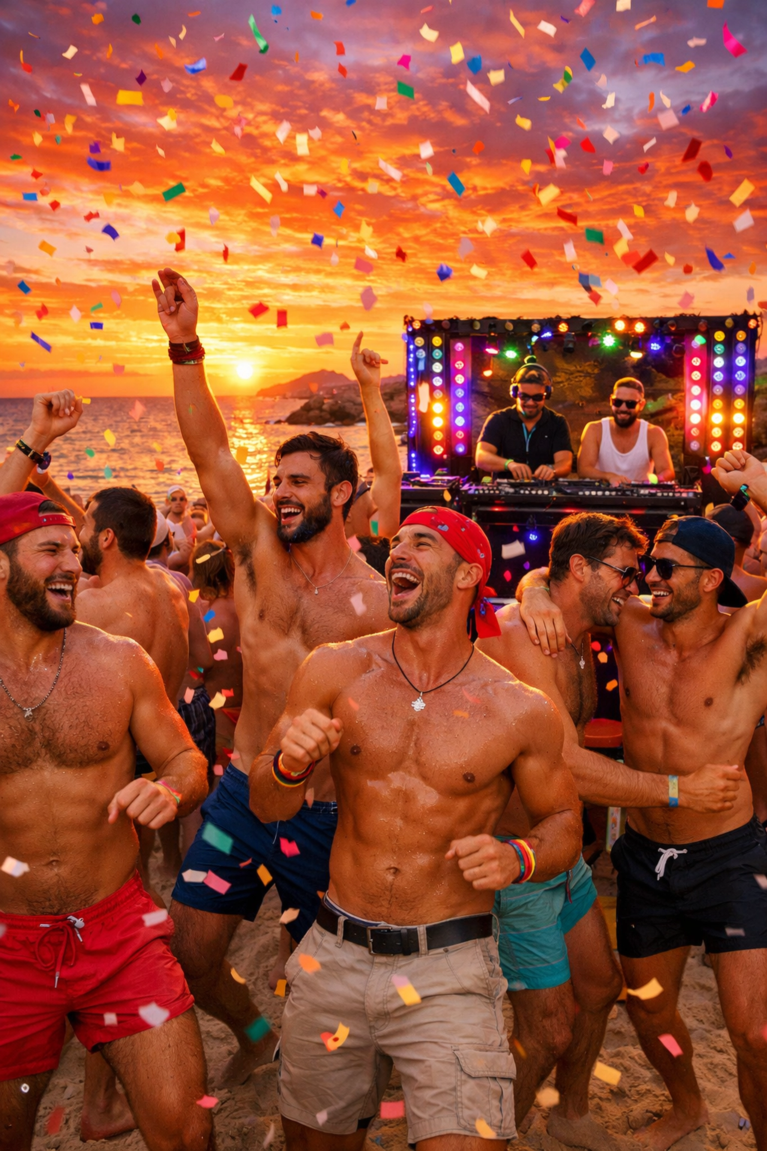 Gay beach party at Paradise Beach Mykonos with diverse men dancing at sunset celebration