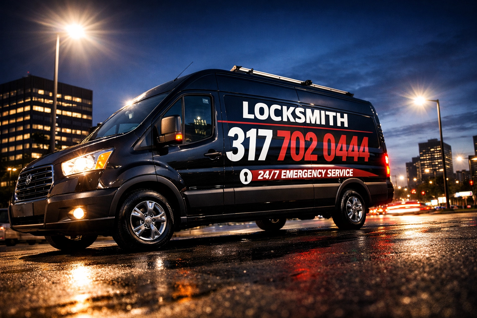 Key Boss Locksmith mobile service van in Indianapolis with phone number 317-702-0444 for lockouts.