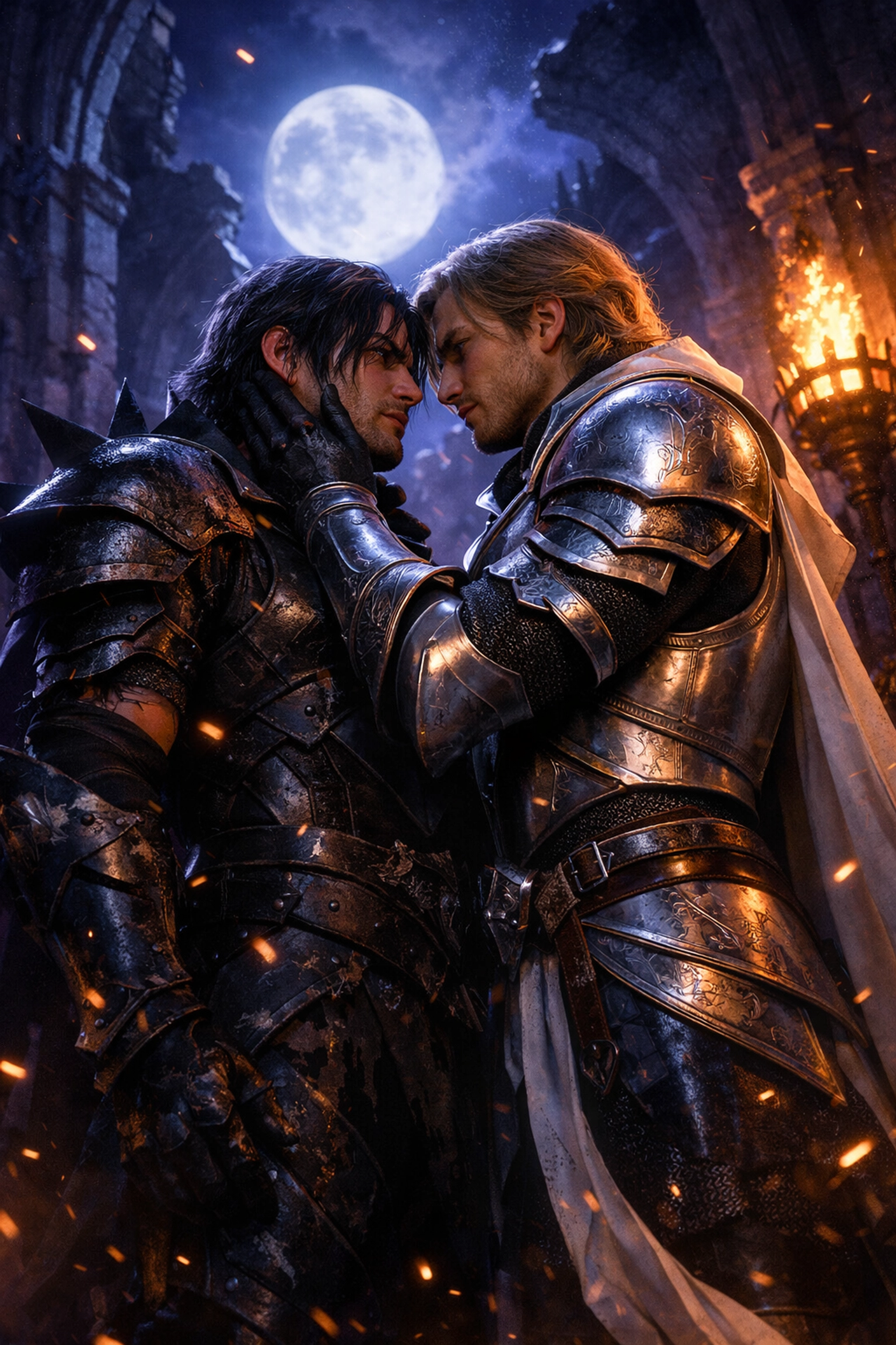 Two armored men in a romantic fantasy setting, illustrating the enemies-to-lovers MM romance trope.