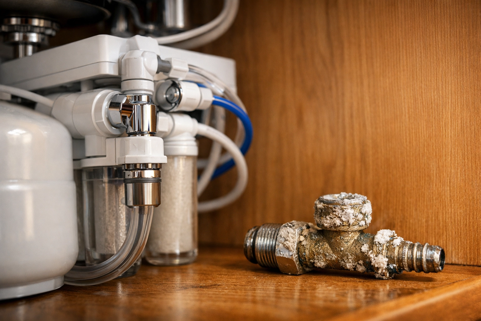 Reverse osmosis water filtration system installed under a kitchen sink to combat hard water in Tempe.