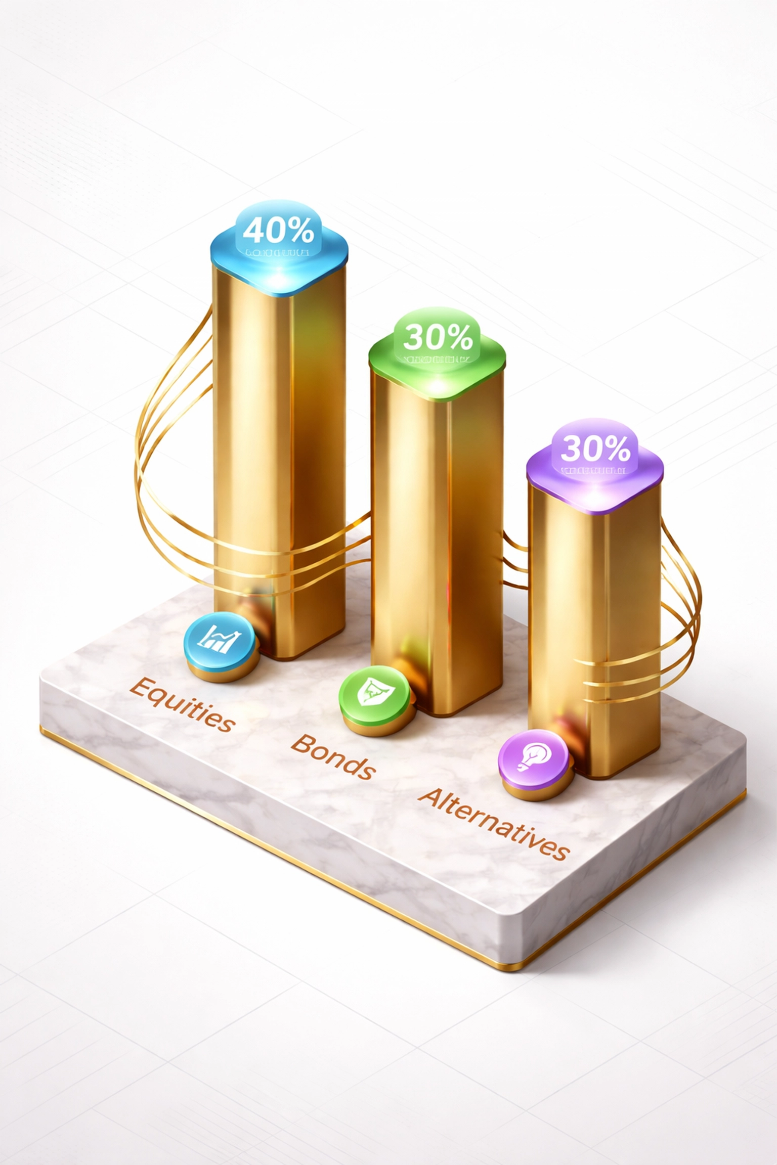 Three golden pillars symbolizing the 40/30/30 investment strategy for portfolio diversification