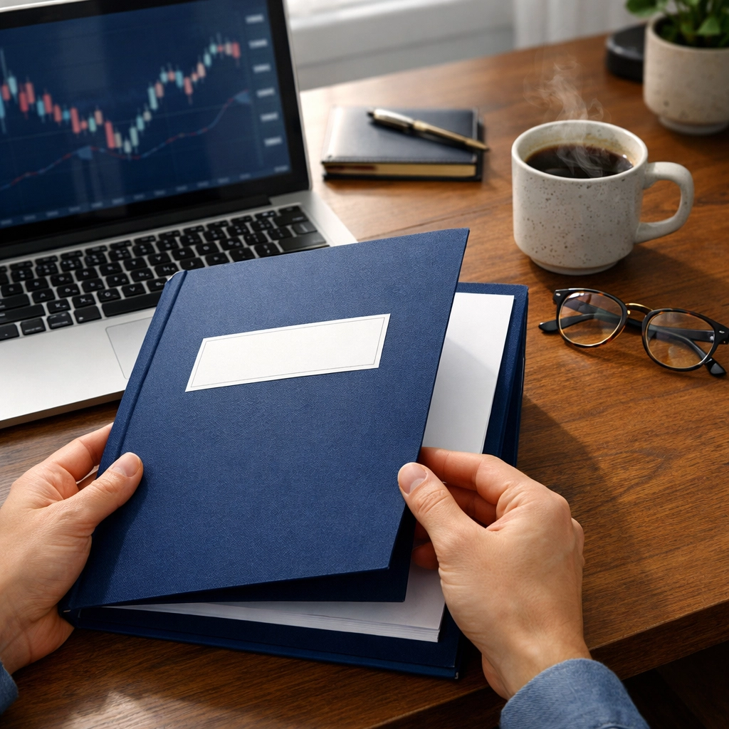 Hands organizing tax documents in a blue folder on a professional desk.