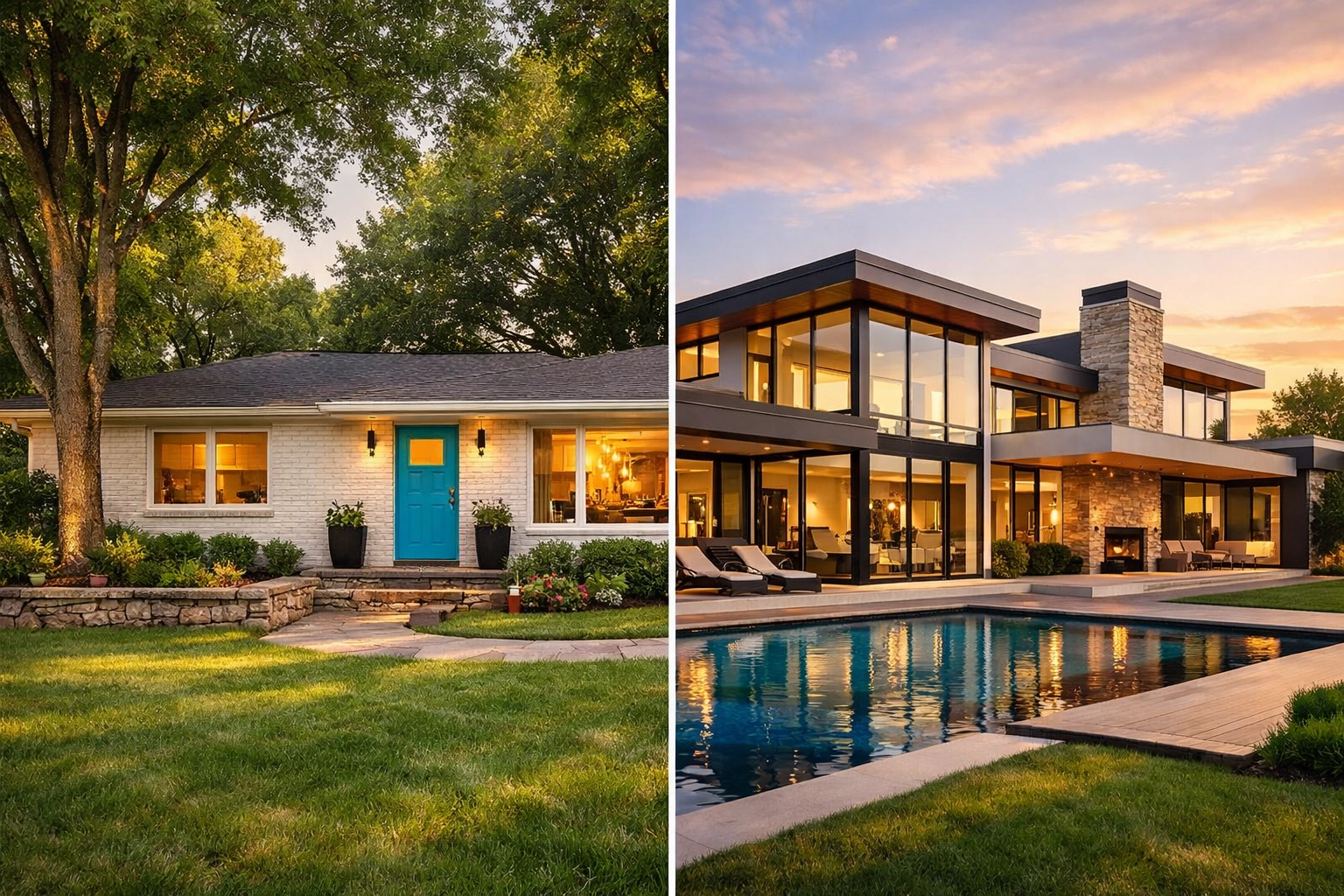 Comparison of a charming Nashville ranch home and a modern luxury estate in Green Hills.