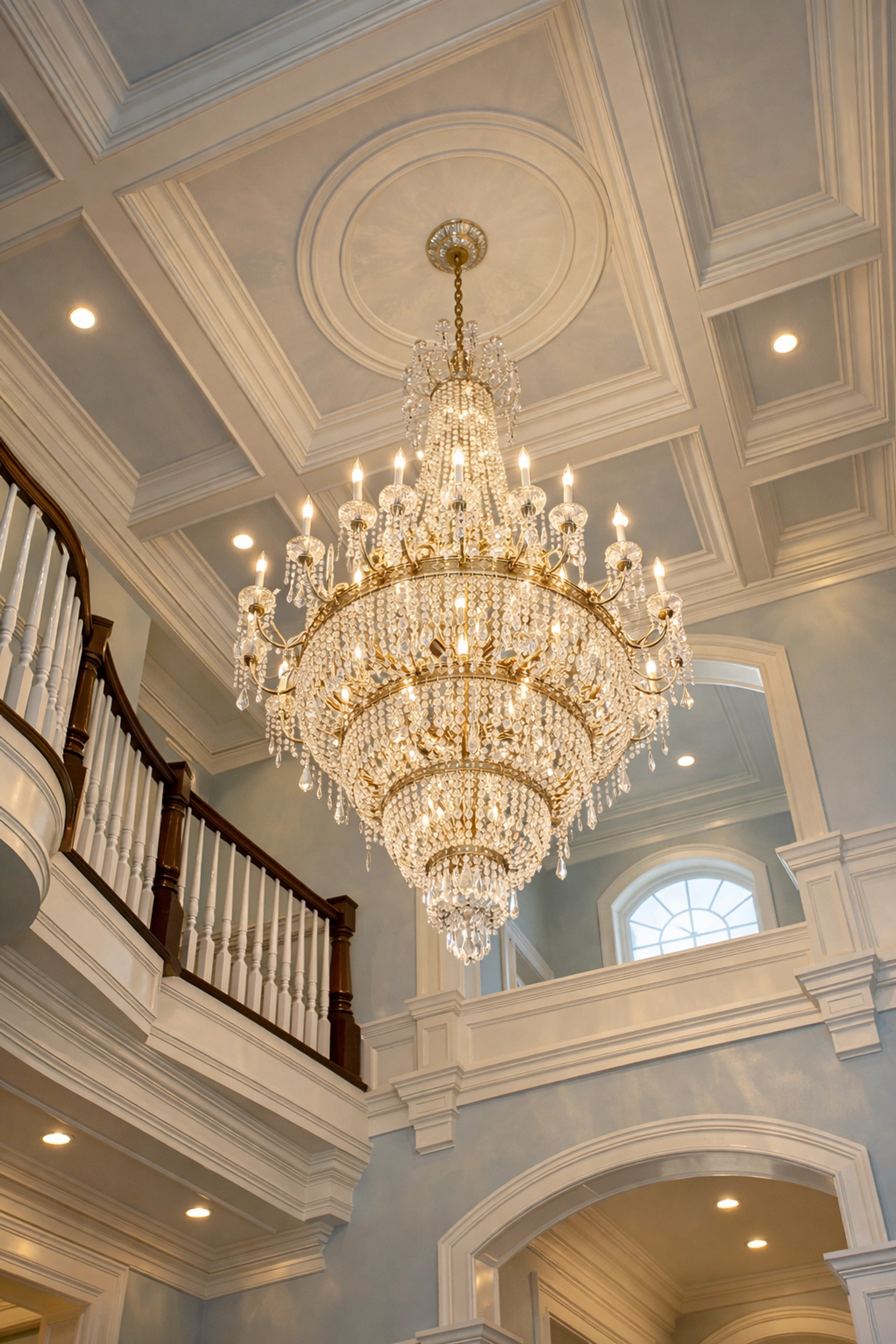 Dust-free crystal chandelier in a high-ceilinged Weston MA foyer after professional luxury house cleaning.
