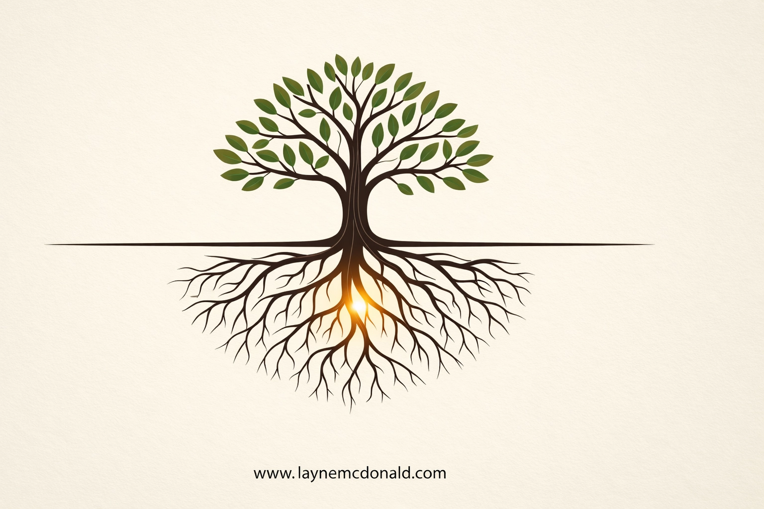 Minimalist tree with a glowing root symbolizing the identification of deep emotional wounds in inner healing.