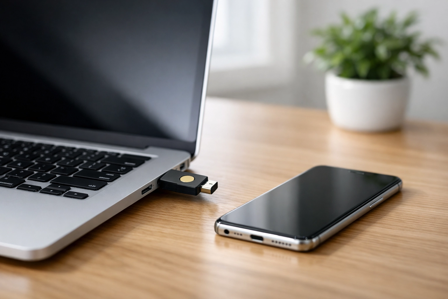 Secure laptop and hardware security key on a modern desk for ERO data protection and compliance.