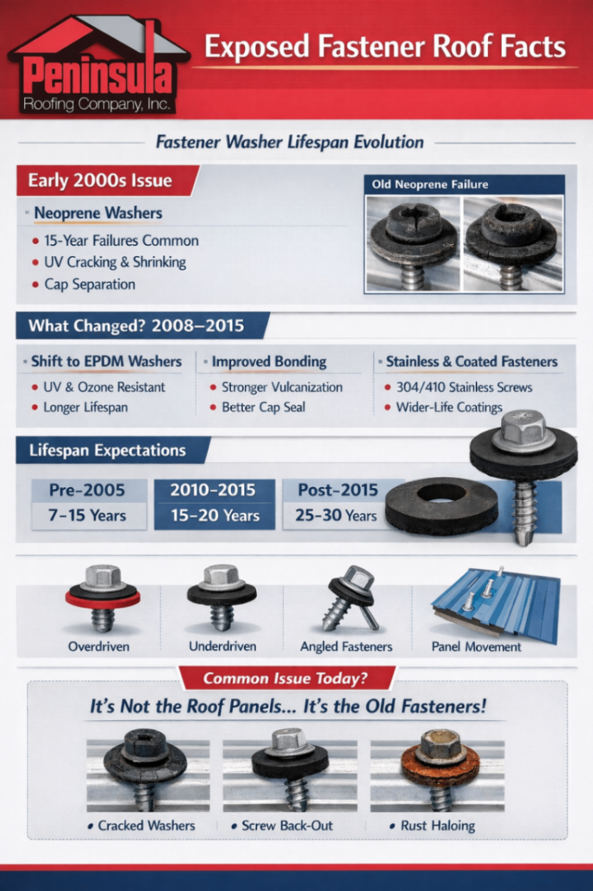 Neoprene washer infographic showing neoprene failures around 15 years vs EPDM lasting 25-30 years