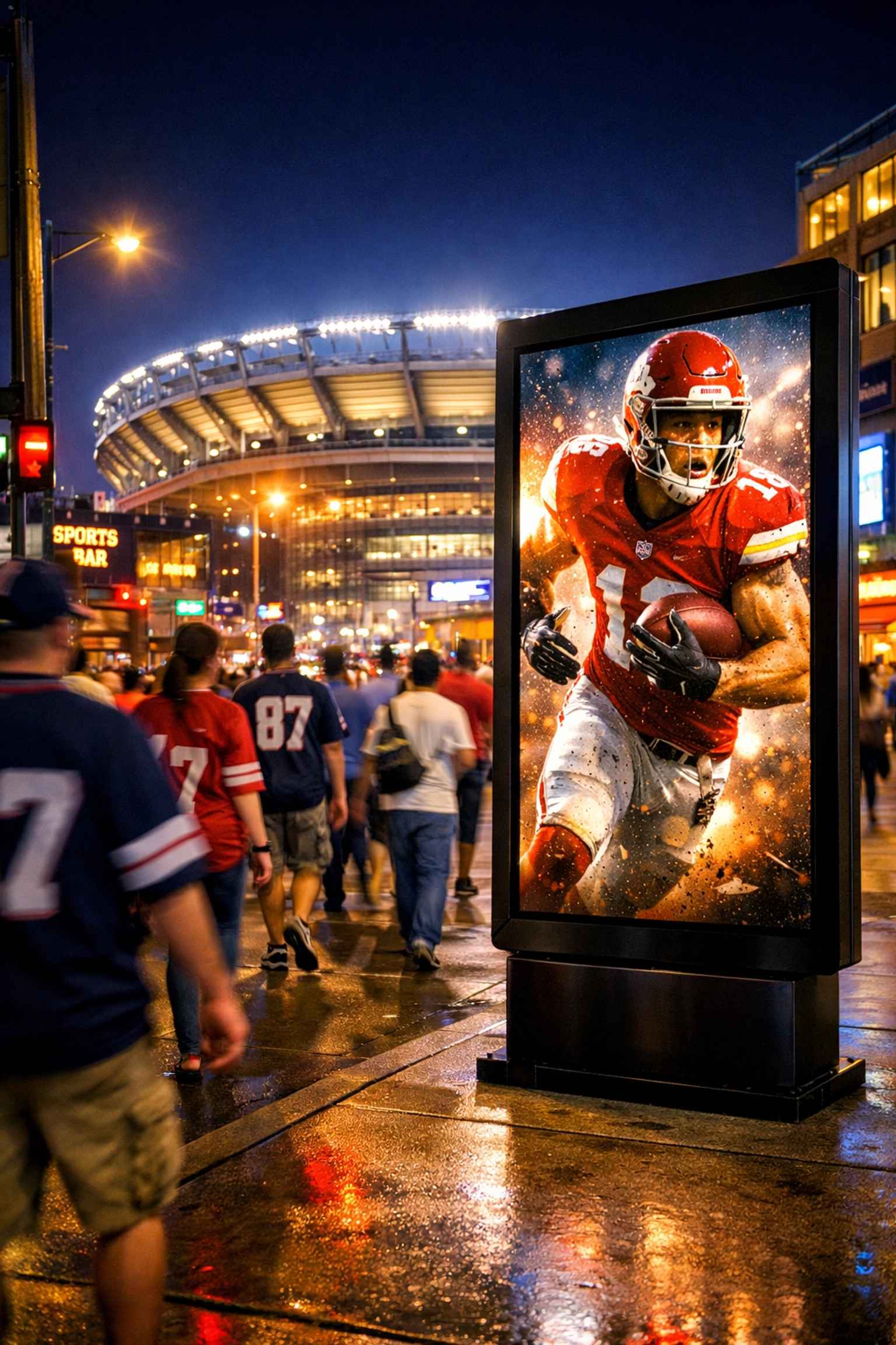 Digital out of home screen showing an athlete near a football stadium to create brand surround sound.