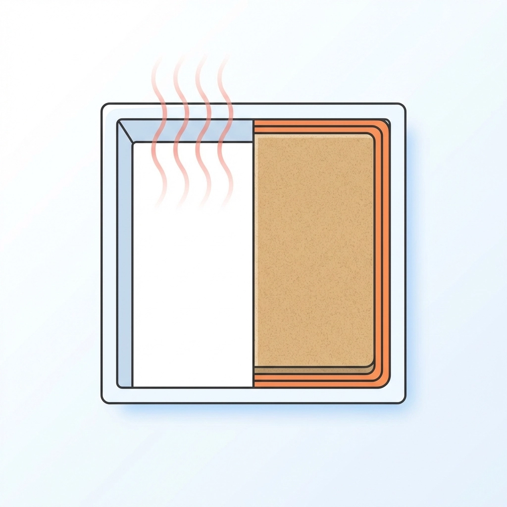 Diagram of a loft hatch, half insulated and half not, showing how proper hatch insulation prevents heat loss.