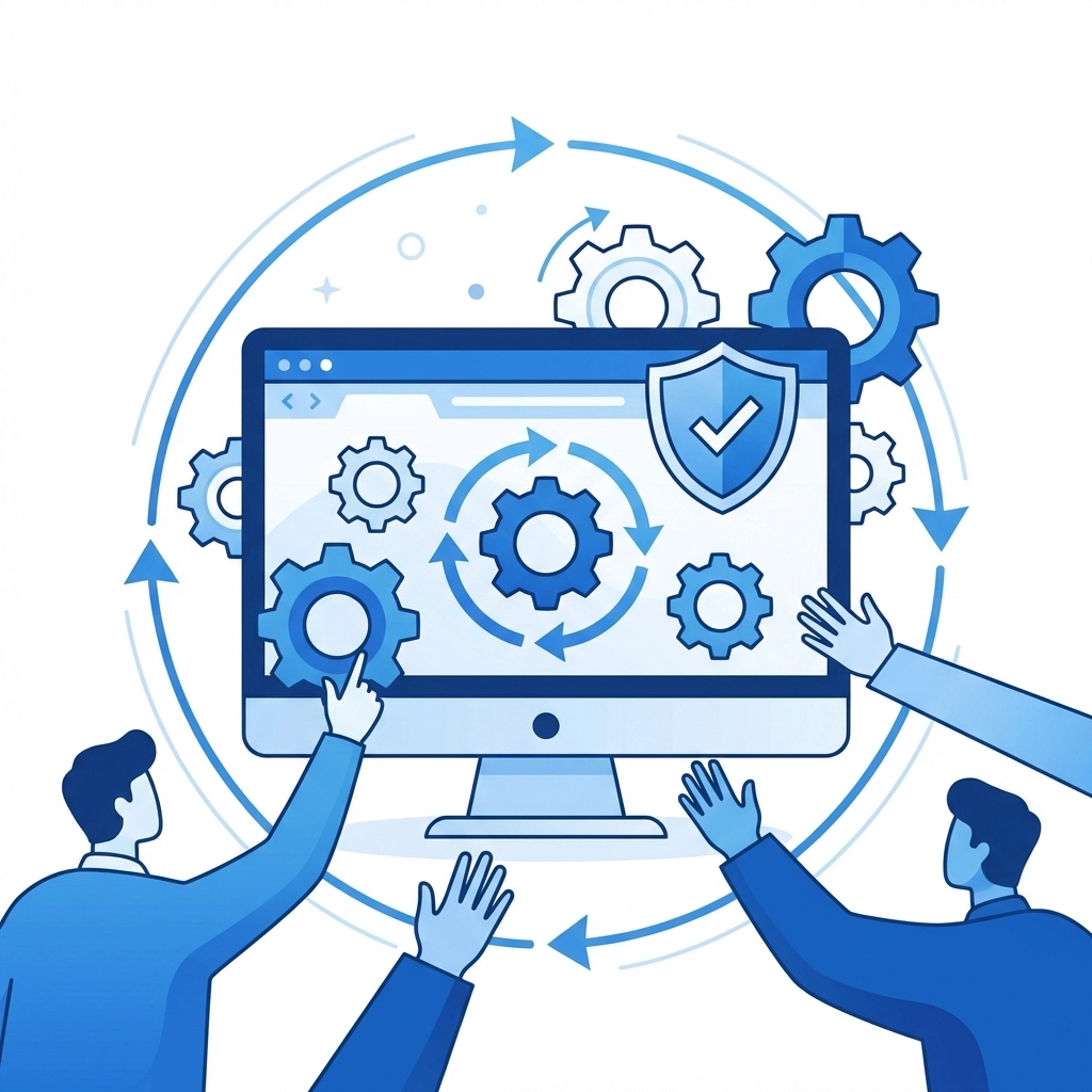 Laptop with gears and shield showing ongoing support and website maintenance services