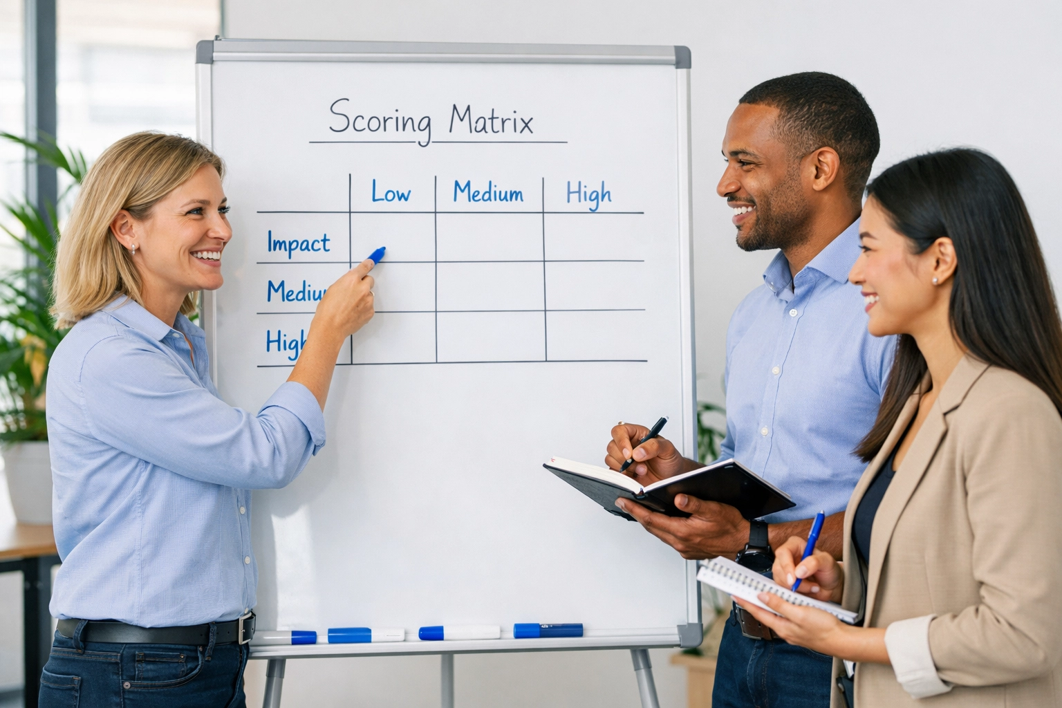 Fundraising team collaborating on donor capacity scoring matrix for major gifts