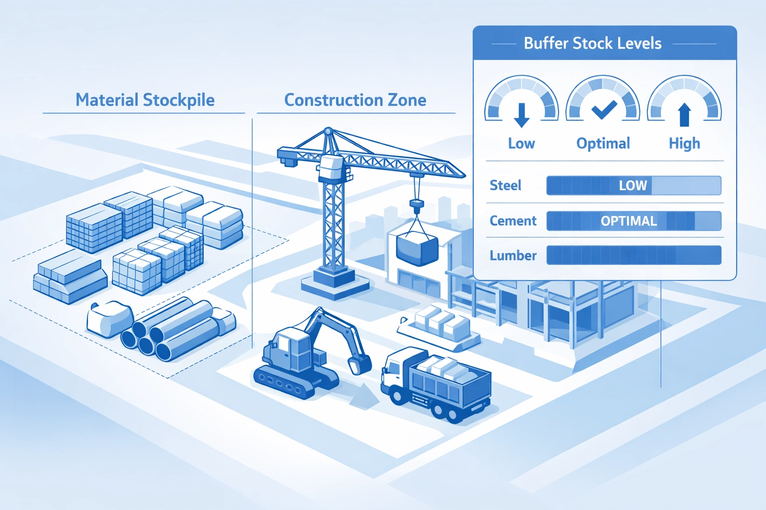 Aerial view of construction site showing strategic material stockpiles and buffer inventory zones