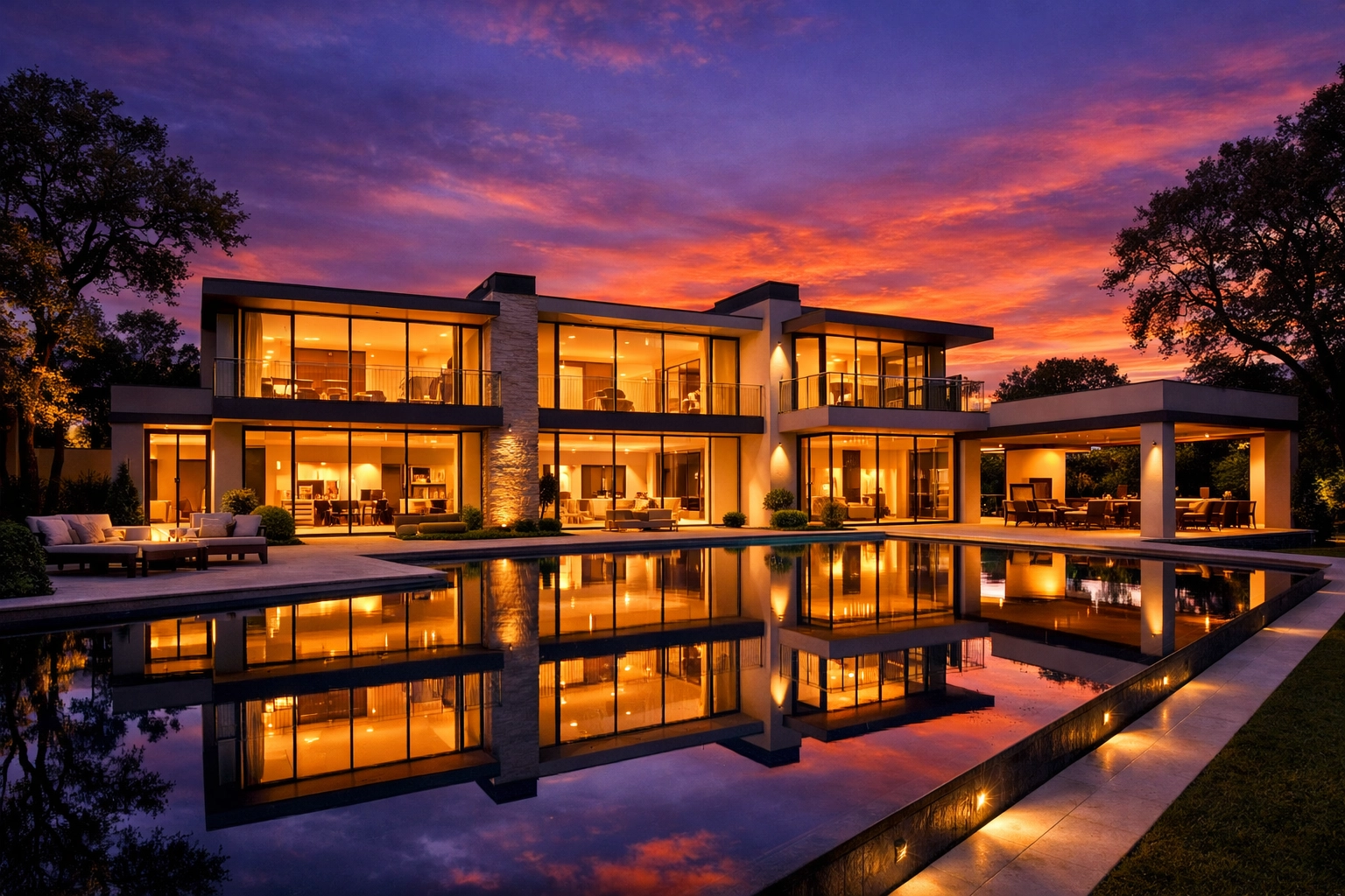 Professional real estate photography of a luxury Houston mansion in River Oaks at sunset.