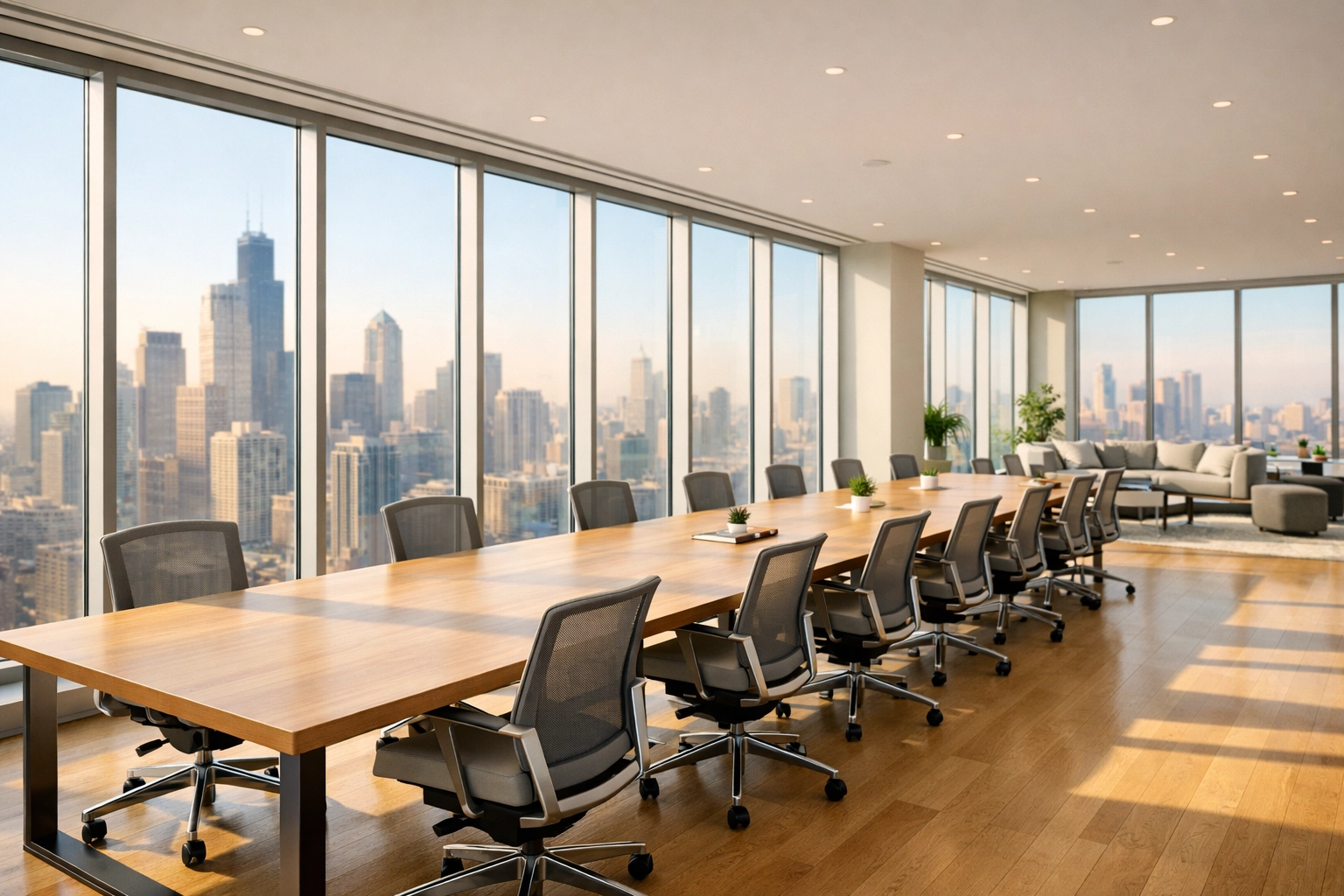 Sun-drenched, polished office lounge in a Chicago skyscraper showing professional commercial property maintenance.