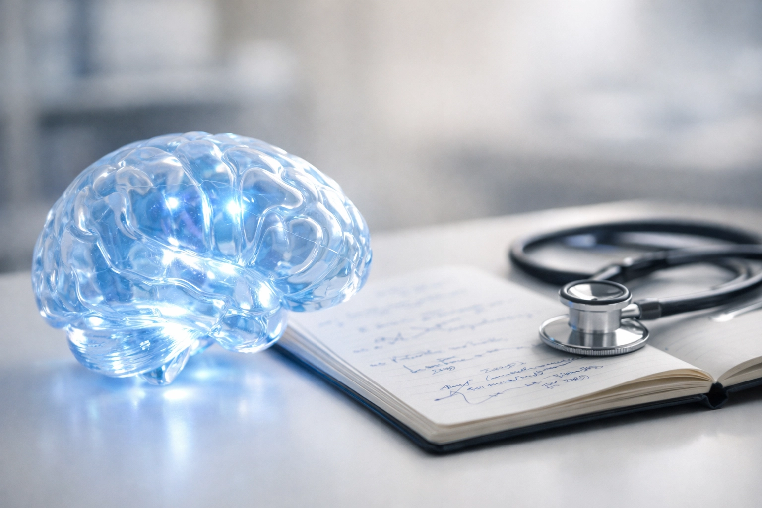 Brain model with clinical notes illustrating brain-based therapy neuroscience approach