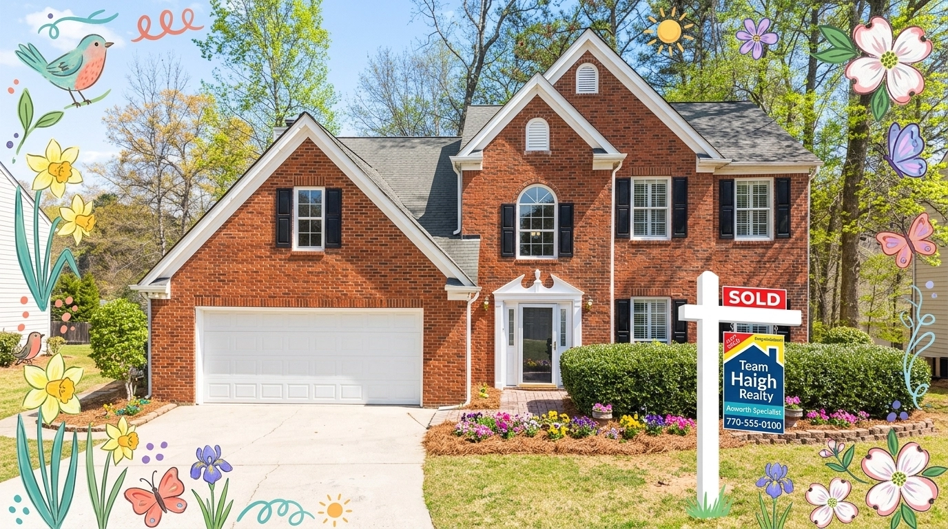A traditional brick home in Acworth with a 'Sold' sign in the front yard, framed with playful hand-drawn accents. A traditional brick home in Acworth with a 'Sold' sign in the front yard, framed with playful hand-drawn accents.