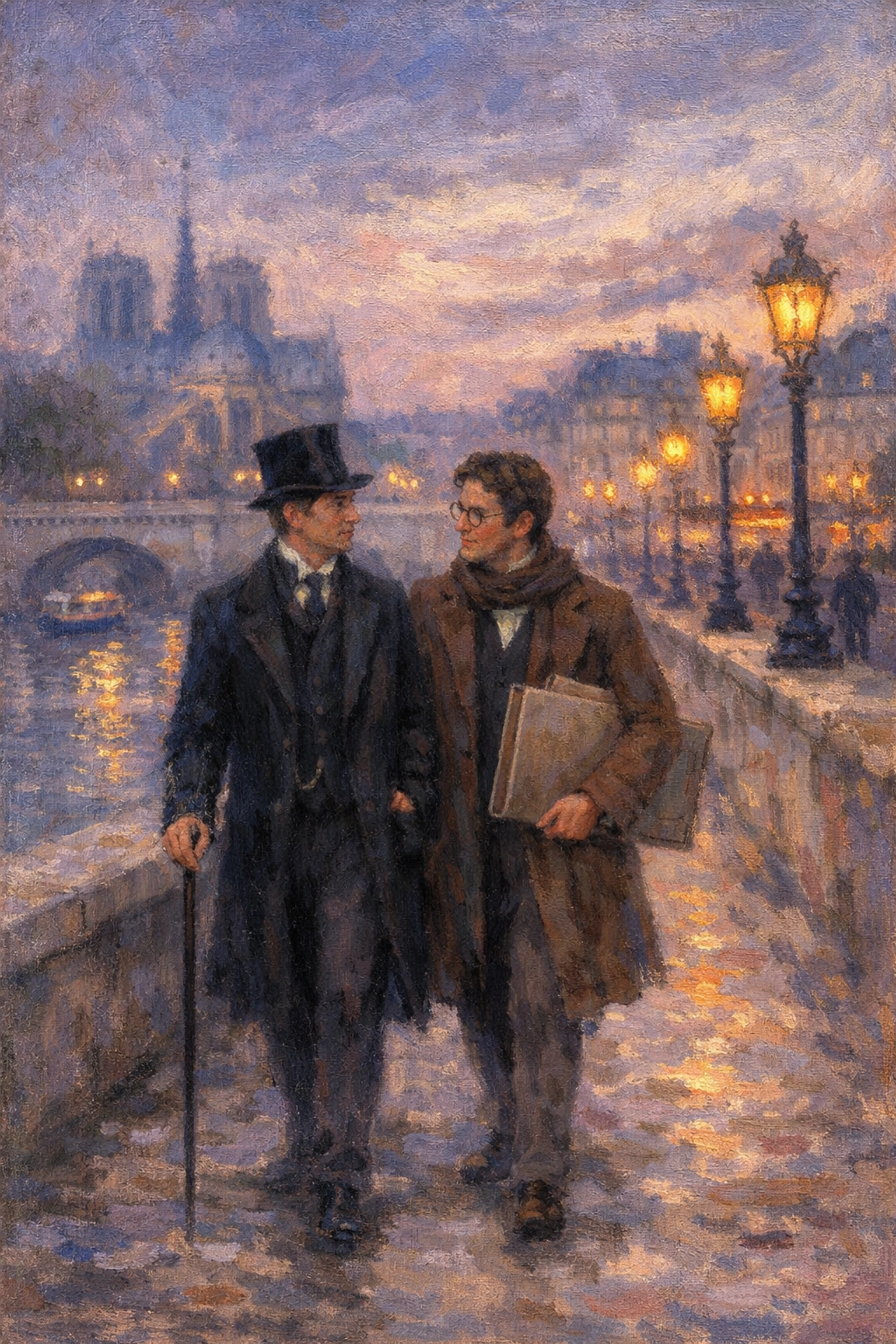 Two men in Belle Époque fashion walking along Seine River in Paris at twilight